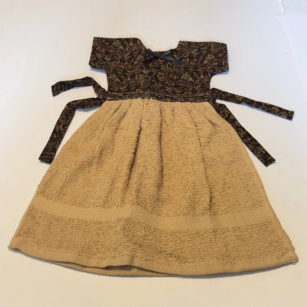 Handmade Paisley Dress Hanging Kitchen Towel Tan Terry Cloth Farmhouse Decor